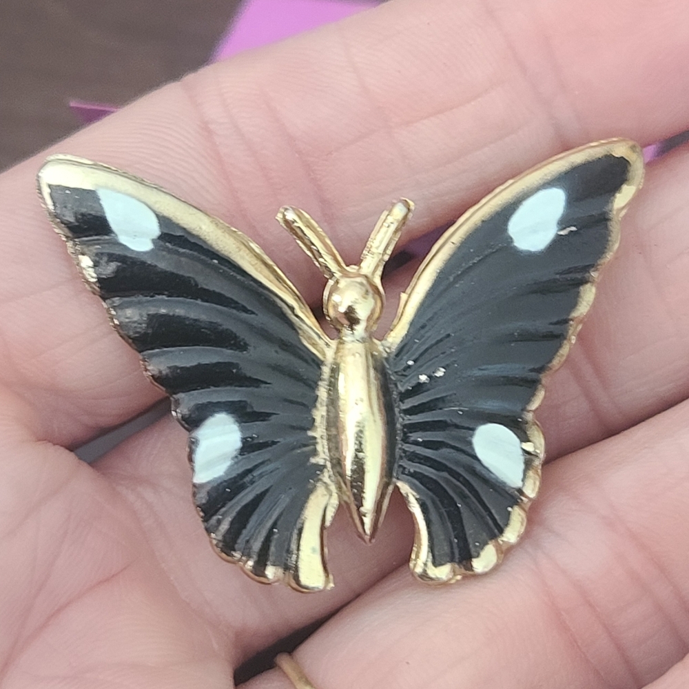 Gold Tone and Black Enamel Butterfly Brooch Pin